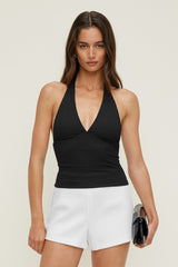 Dynamite Online | Textured Plunge Halter Top BLACK