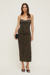 Dynamite US | Ruched Mesh Midi Dress Brown