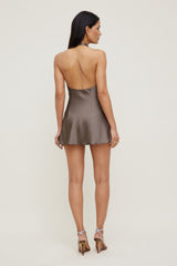 Dynamite Outlet | Camila Satin Romper Mini Dress Brown