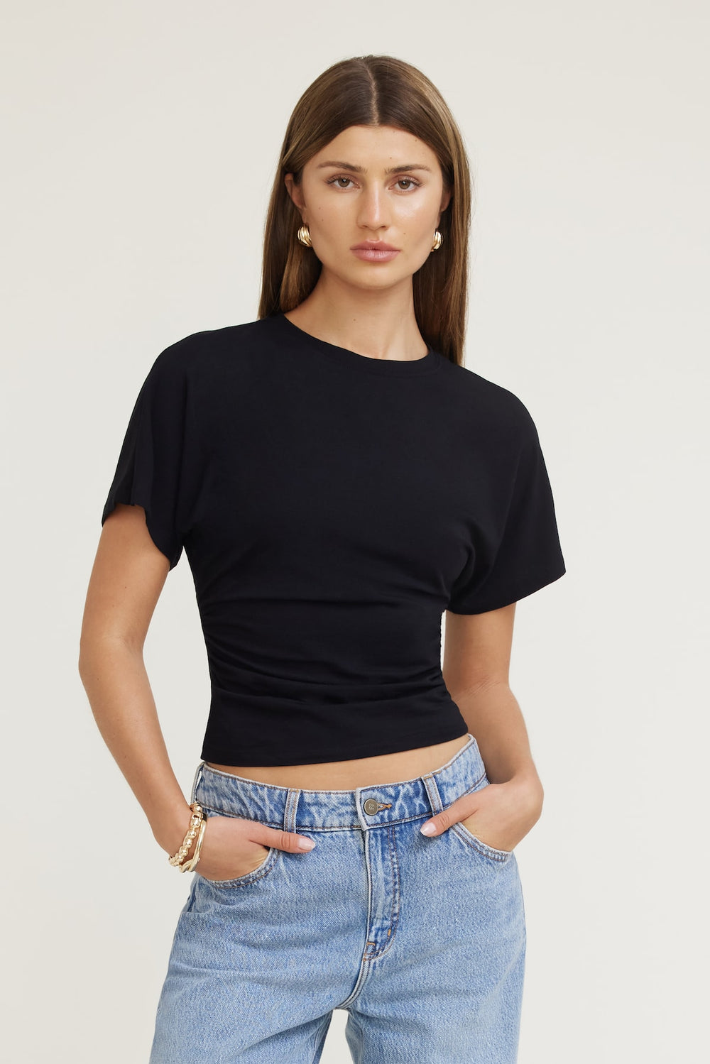 Dynamite Website Shop | Andrea Shirred Jersey T Shirt Black