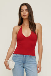 Dynamite Outlets | Scallop Trim Sweater Halter Top RED