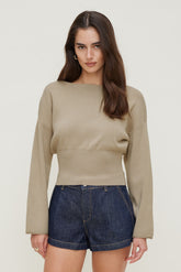 Dynamite Store | Cinched Boat Neck Sweater BEIGE