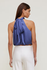 Dynamite Discount | Paloma Bubble Satin Halter Blouse Blue