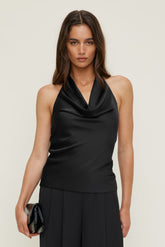 Dynamite Discount | Camila Satin Cowl Halter Neck Blouse Black