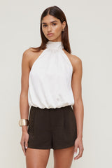Dynamite Website Shop | Paloma Bubble Satin Halter Blouse Beige