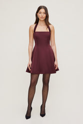 Dynamite Outlet | Amaya Satin Halter Mini Dress Burgundy