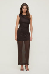 Dynamite Outlets | Sheer Shirred Mesh Maxi Dress Brown