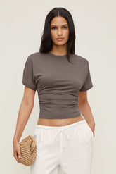 Dynamite US | Andrea Shirred Jersey T Shirt Brown
