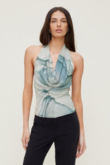 Dynamite Store | Cowl Neck Mesh Halter Top Blue