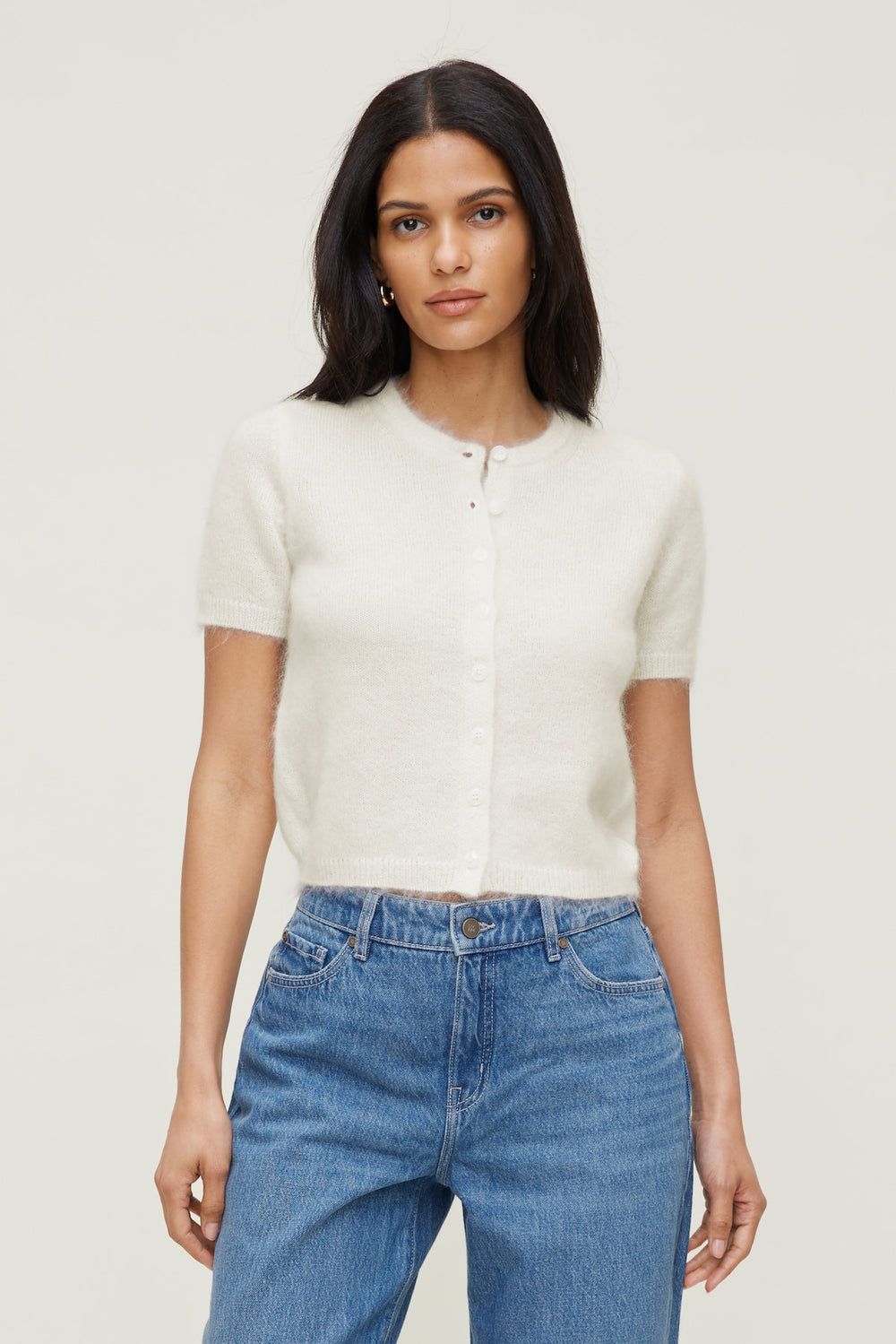 Dynamite US | Premium Mohair Short Sleeve Cardigan White