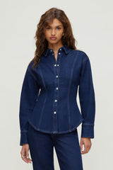 Dynamite Online | Cinched Stretch Denim Shirt Blue