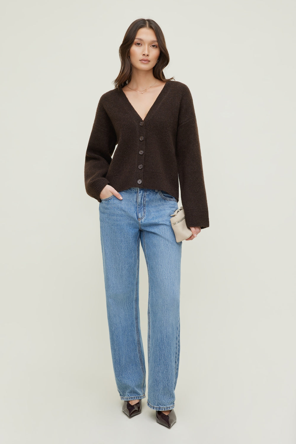 Dynamite Discount | Relaxed V Neck Cardigan Brown