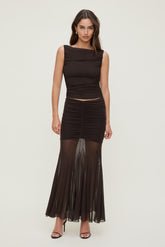 Dynamite US | Ruched Mesh Maxi Skirt Brown