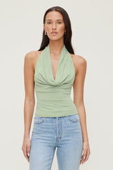 Dynamite Outlets | Cowl Neck Mesh Halter Top Green
