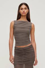 Dynamite Website Shop | Ruched Mesh Tank Top Brown