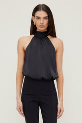 Dynamite Outlets | Paloma Bubble Satin Halter Blouse Black