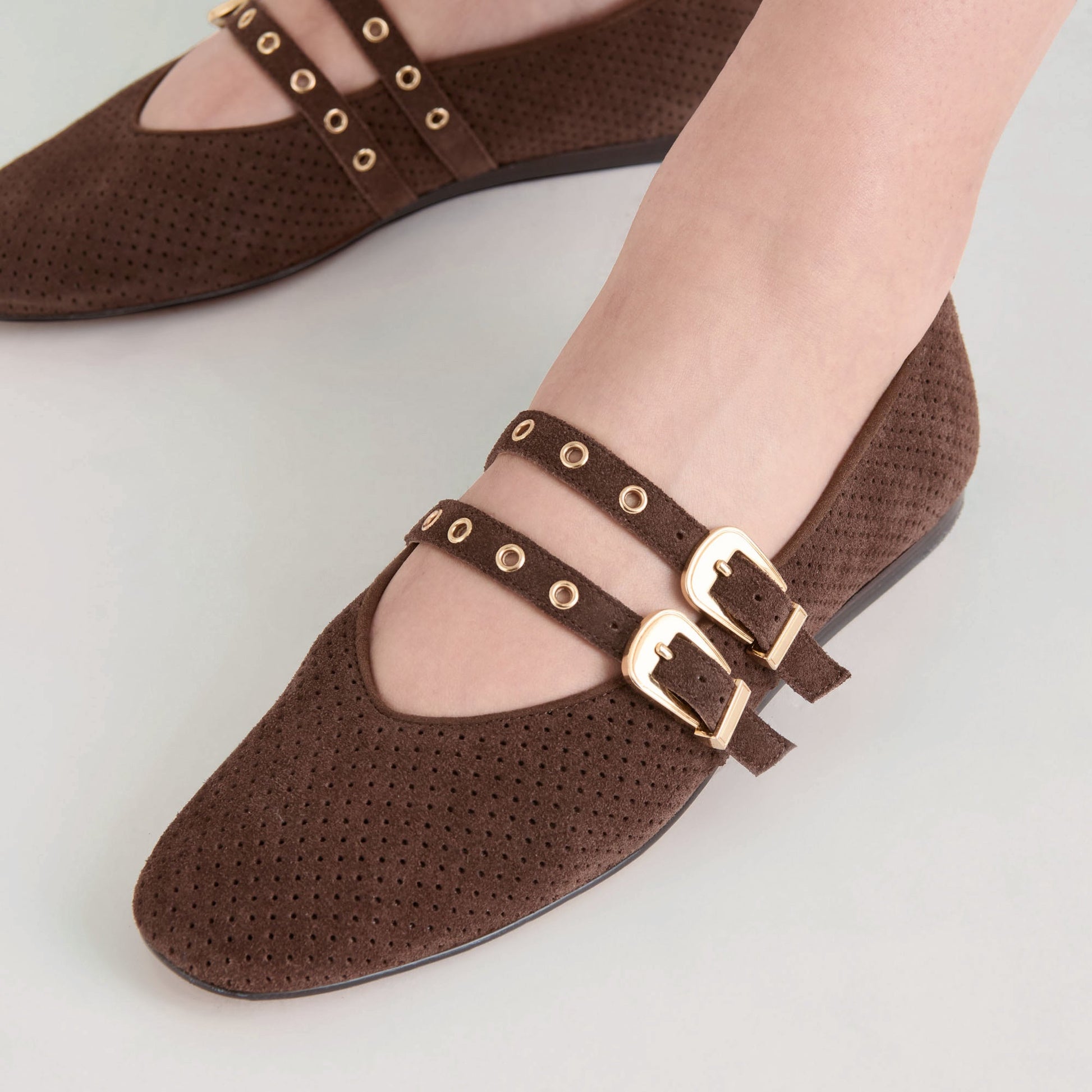Dolce Vita Baylee Grommet Dk Brown Perforated Suede Ballet Flats