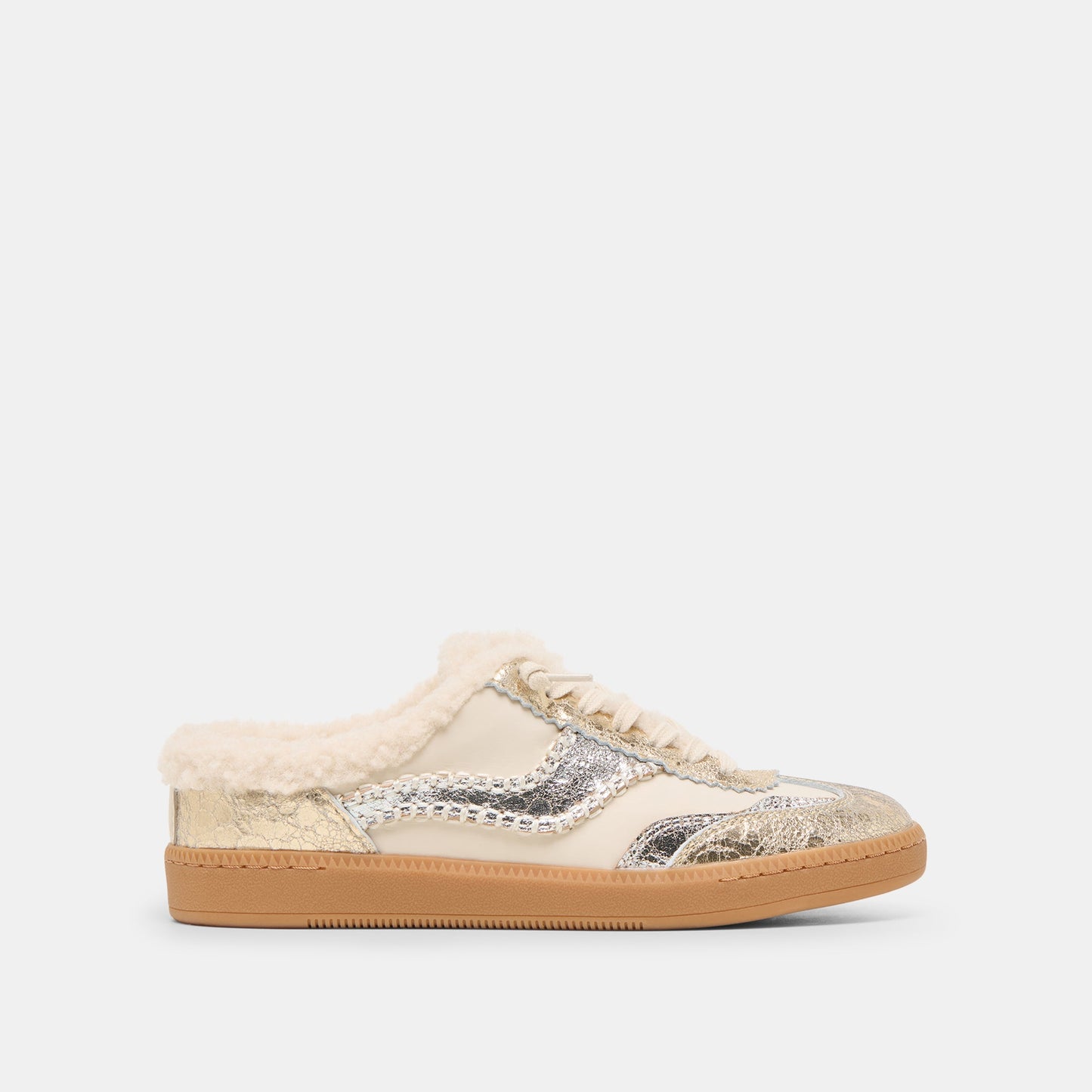 Dolce Vita Notice Slide Plush Silver Gold Crackled Leather Sneakers