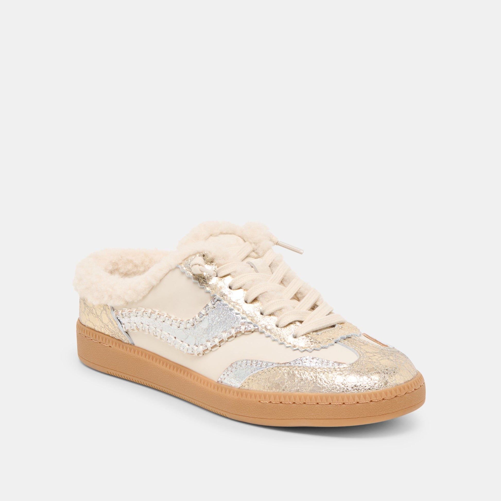 Dolce Vita Notice Slide Plush Silver Gold Crackled Leather Sneakers