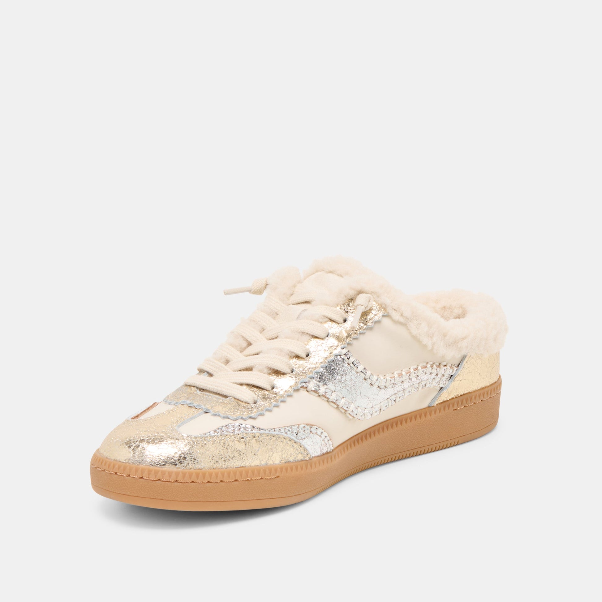 Dolce Vita Notice Slide Plush Silver Gold Crackled Leather Sneakers