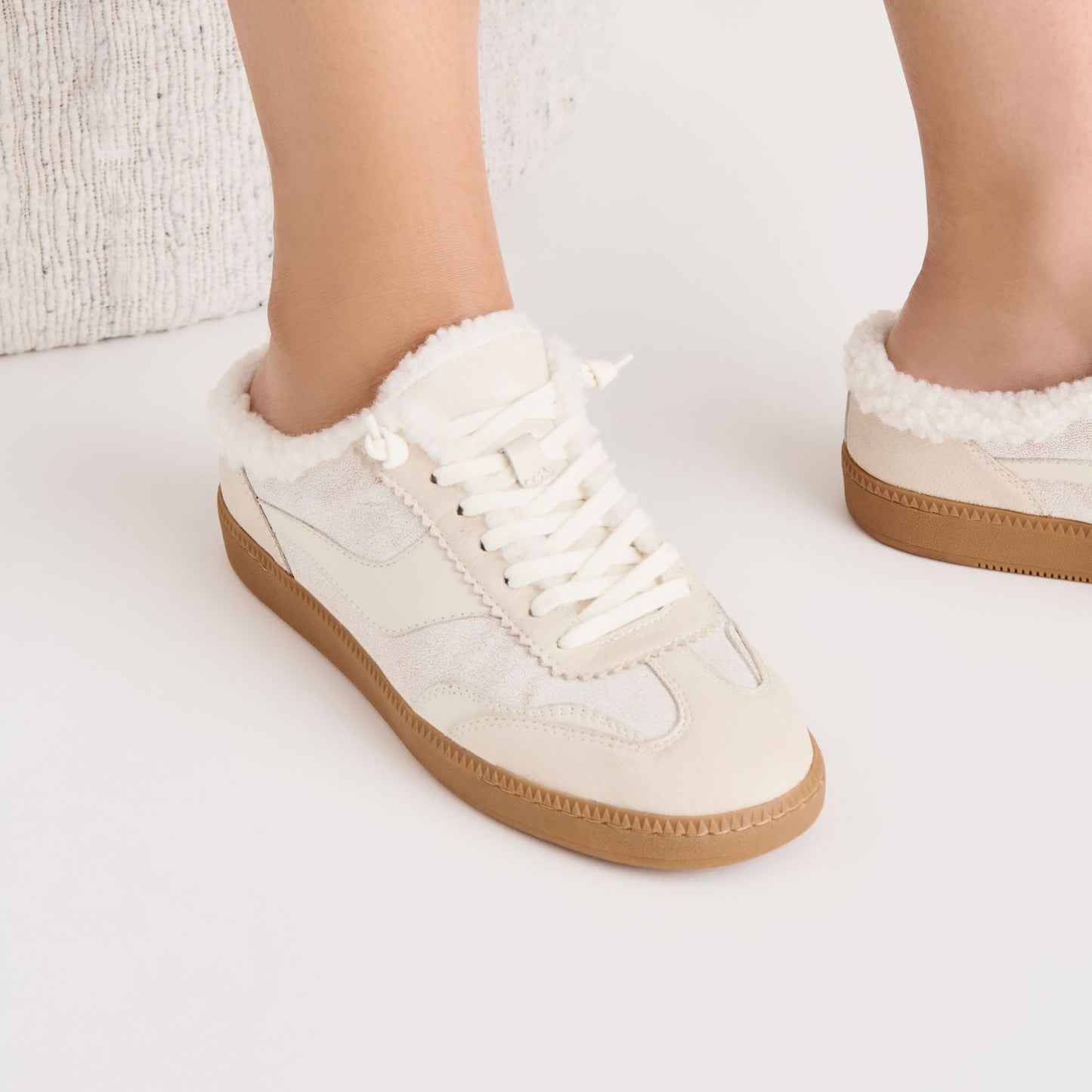 Dolce Vita Notice Slide Plush Off White Crackled Leather Sneakers