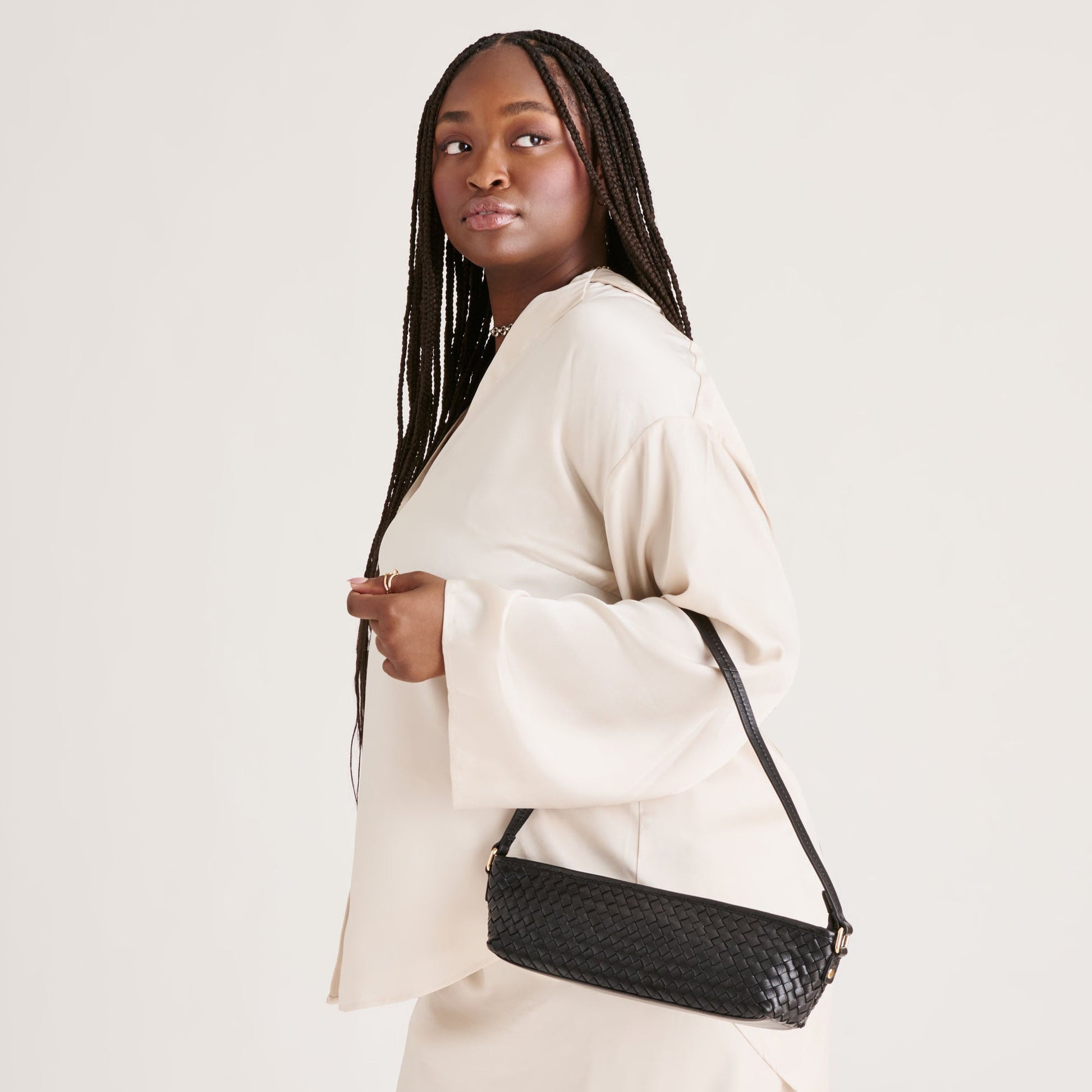 Dolce Vita Savaii Black Woven Leather Shoulder Bag