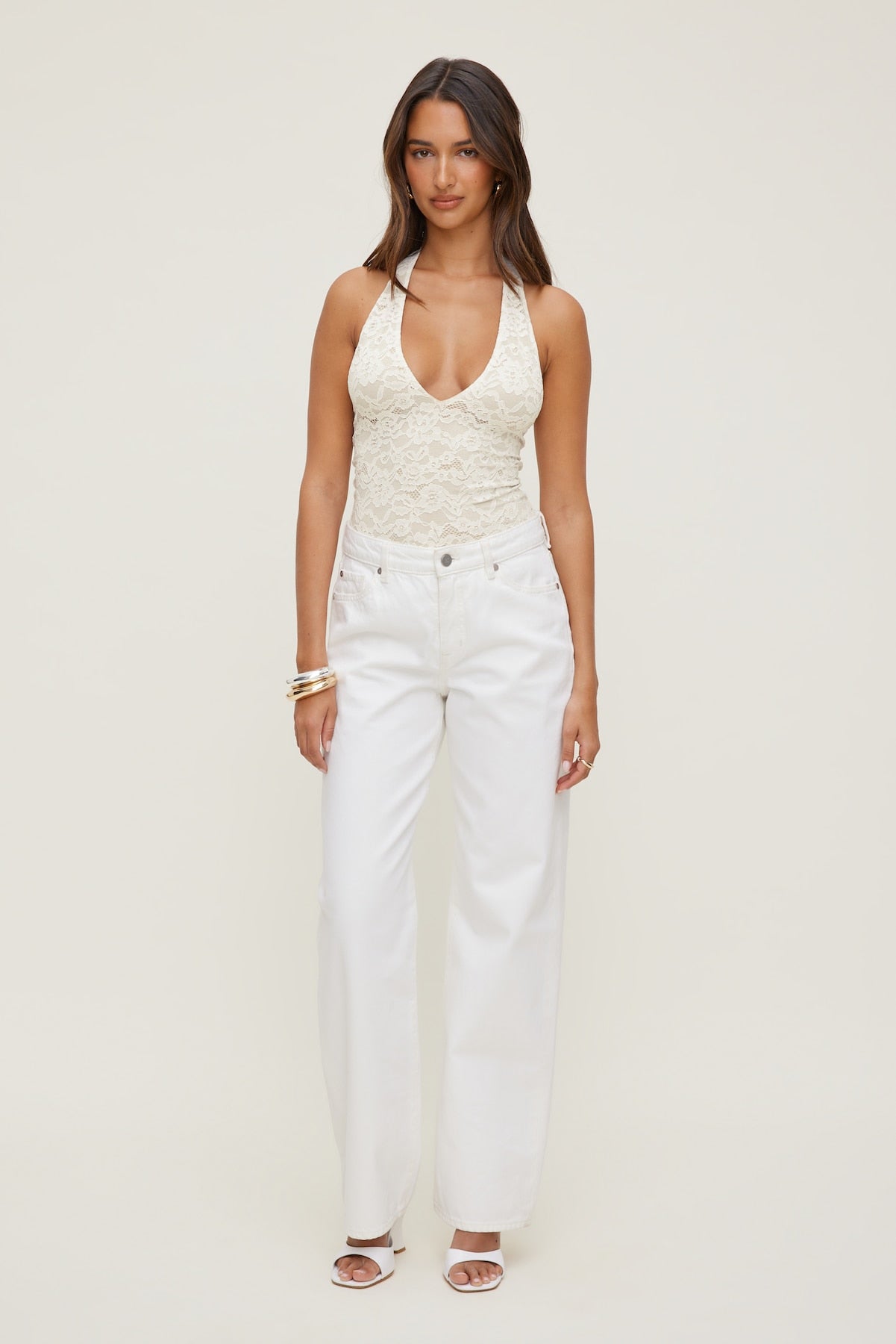 Dynamite Outlet | Lace Plunge Bodysuit Beige