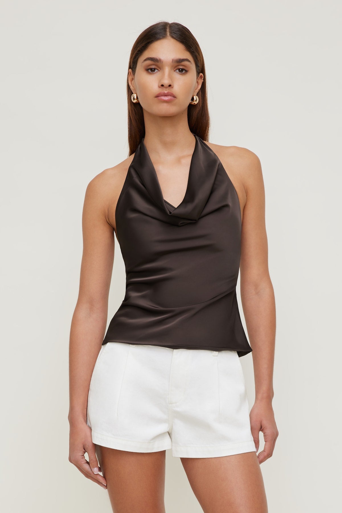 Dynamite Store | Camila Satin Cowl Halter Neck Blouse Brown