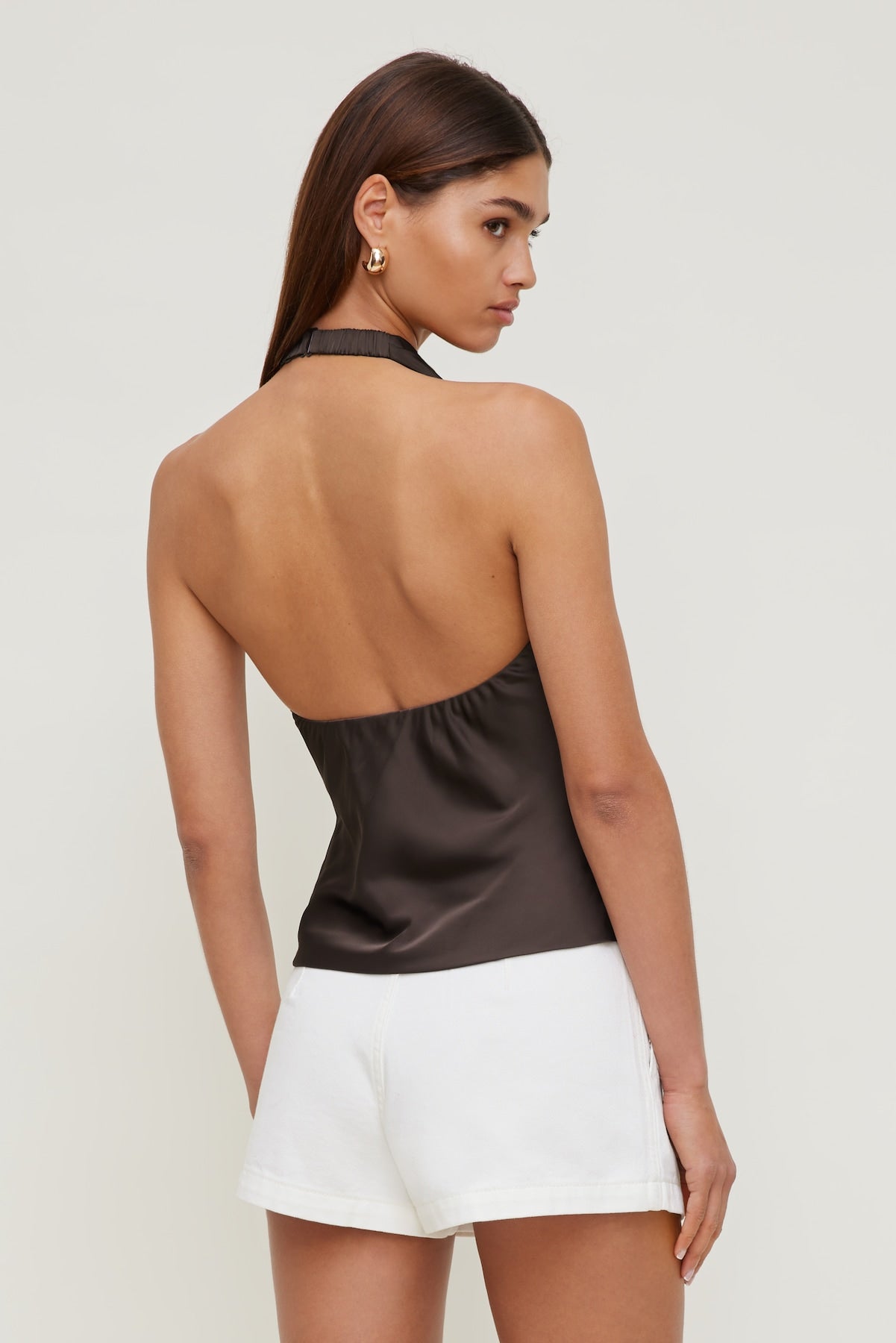 Dynamite Store | Camila Satin Cowl Halter Neck Blouse Brown