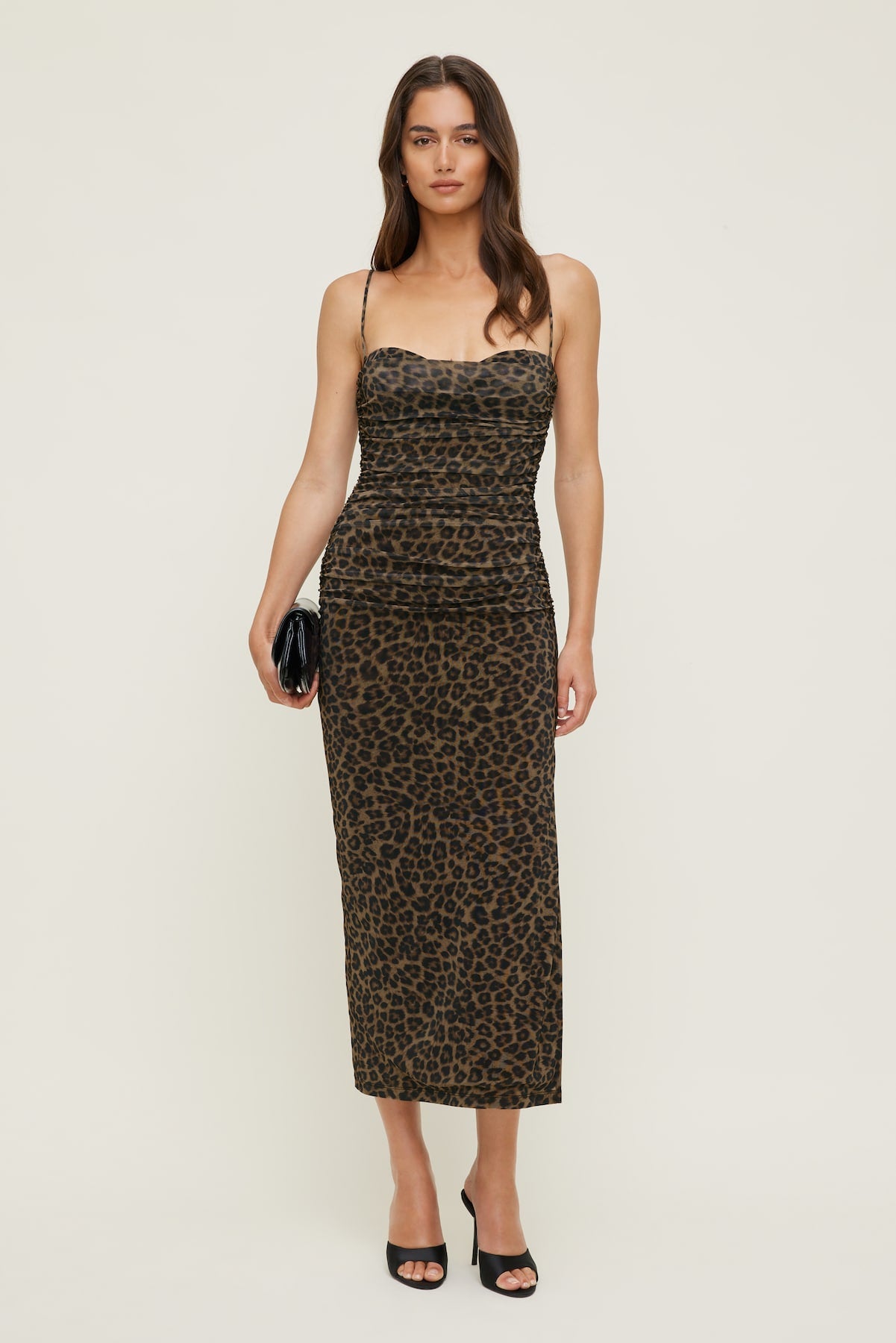 Dynamite US | Ruched Mesh Midi Dress Brown