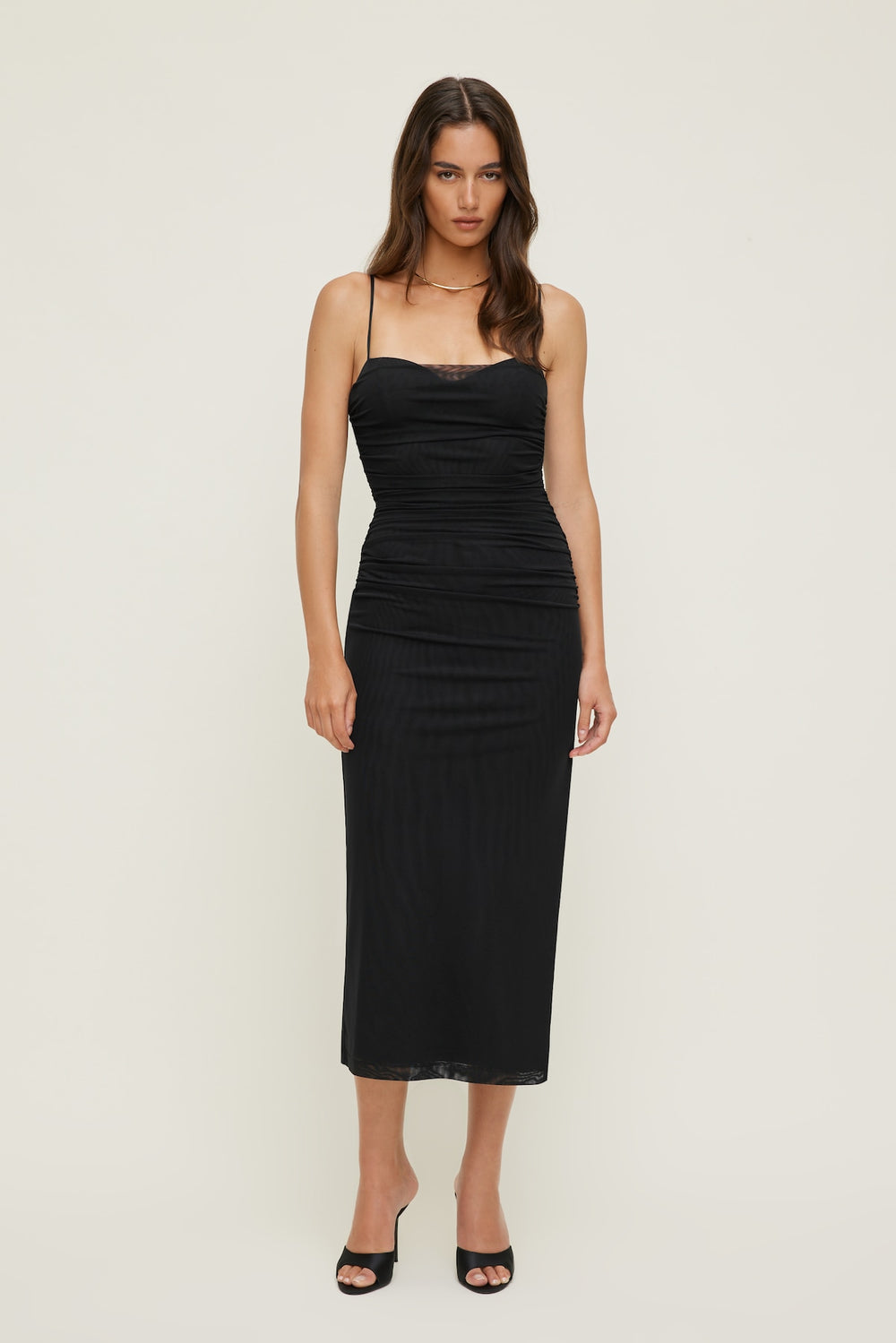 Dynamite US | Ruched Mesh Midi Dress Black