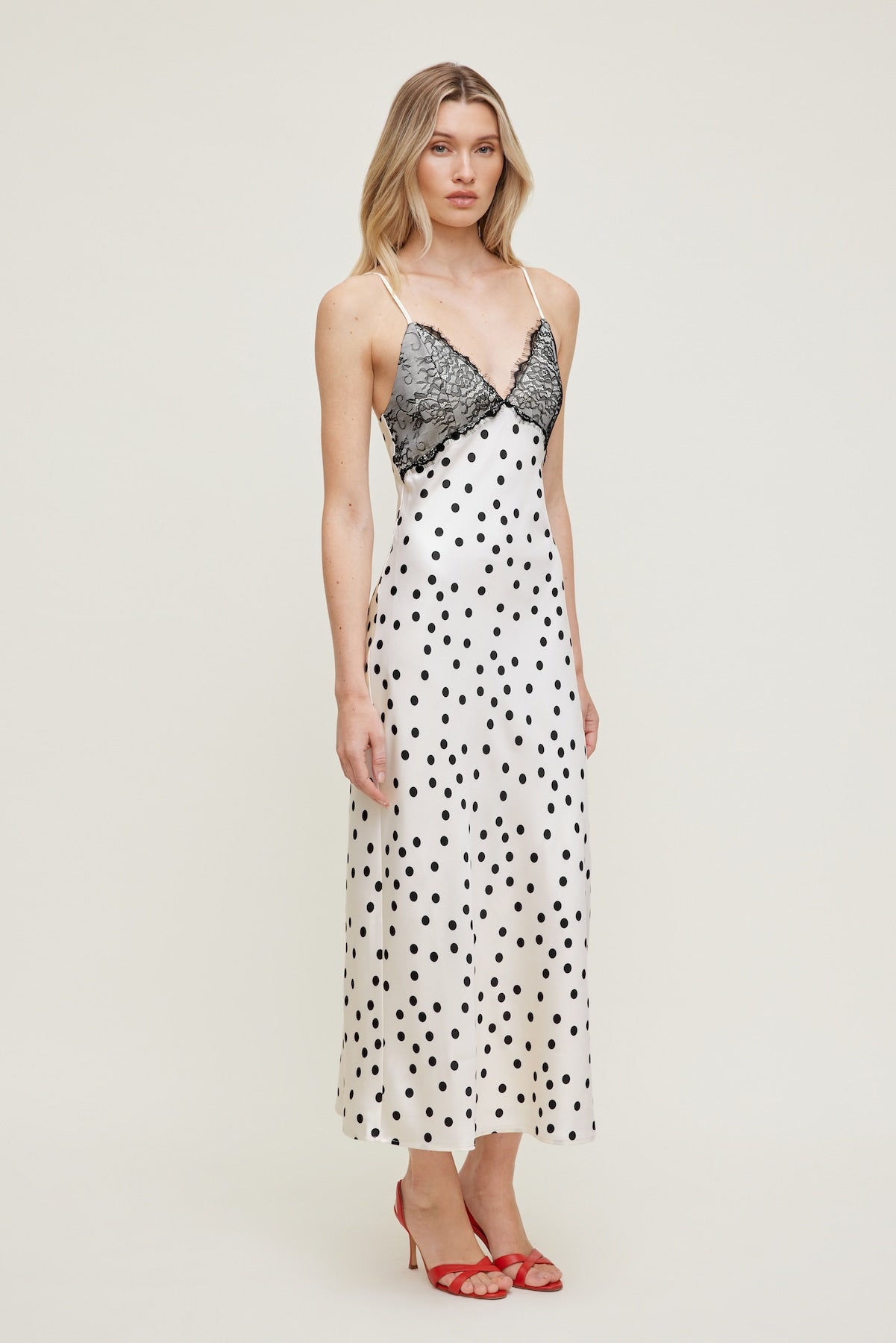 Dynamite Outlets | Lace Trim Satin Midi Dress Beige