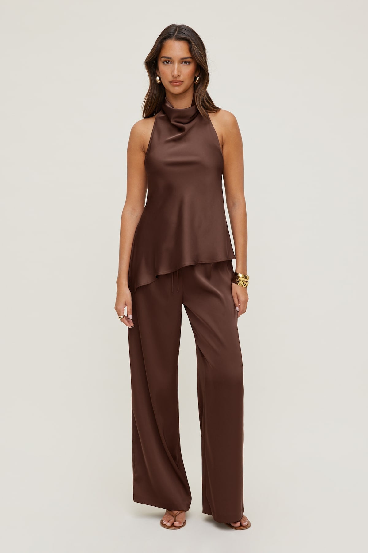 Dynamite US | Leo Satin Wide Leg Pants Brown