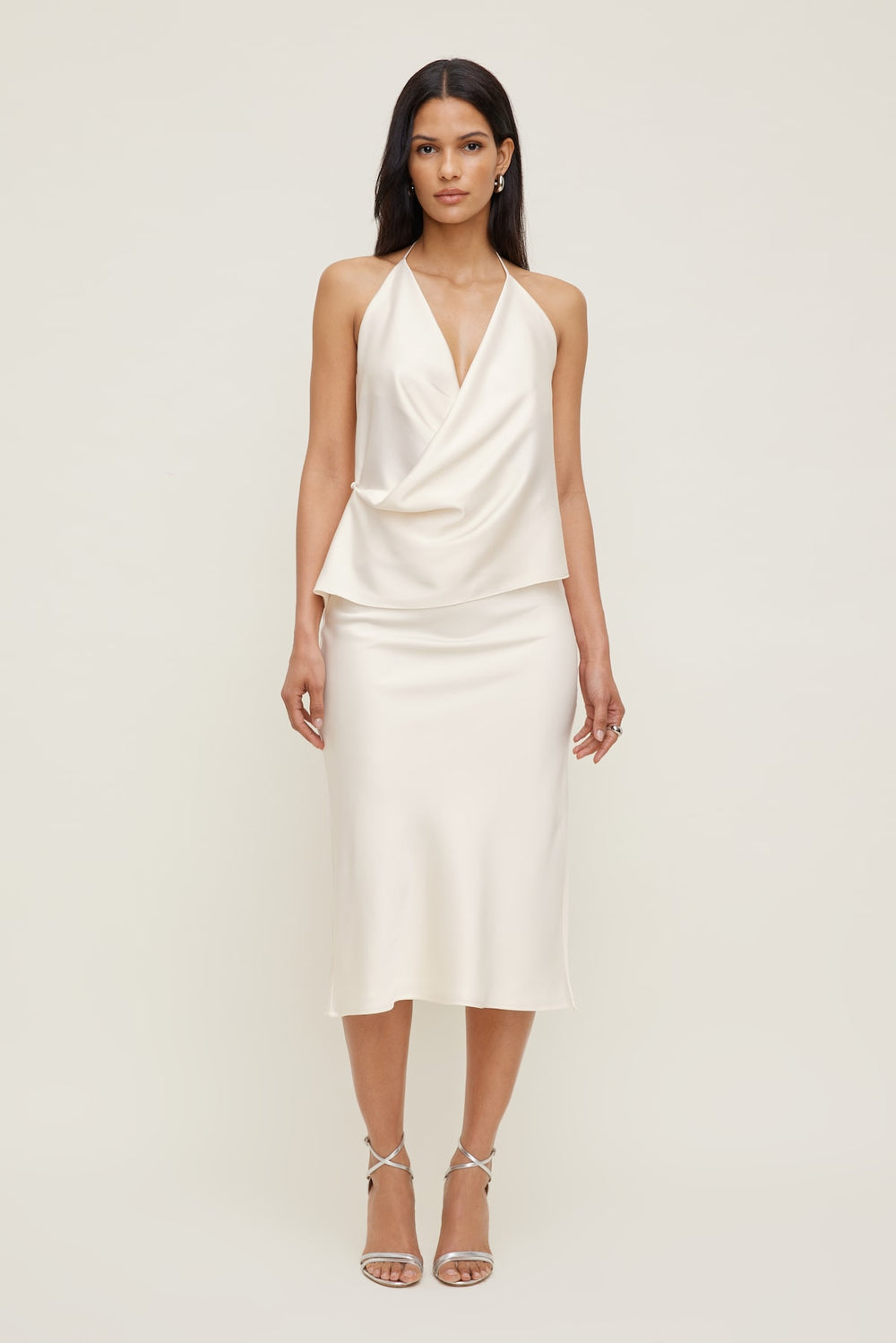 Dynamite Discount | Satin Wrap Halter Top Beige