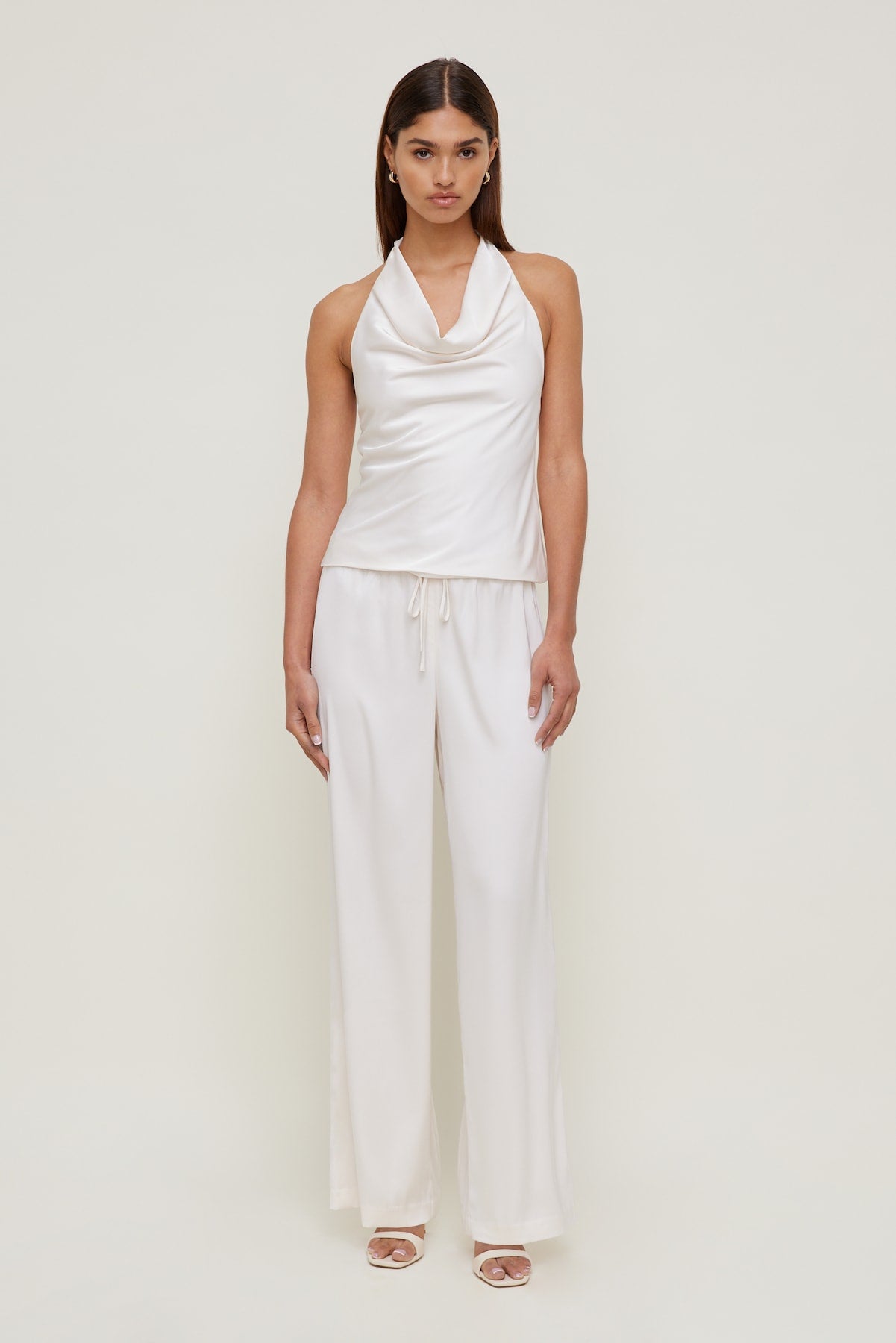 Dynamite Store | Camila Satin Cowl Halter Neck Blouse Beige