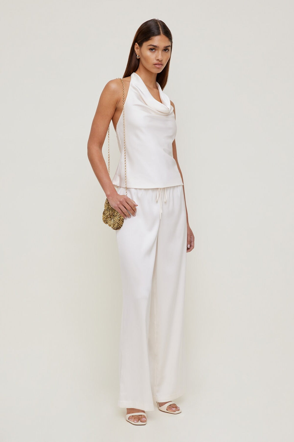 Dynamite Store | Camila Satin Cowl Halter Neck Blouse Beige
