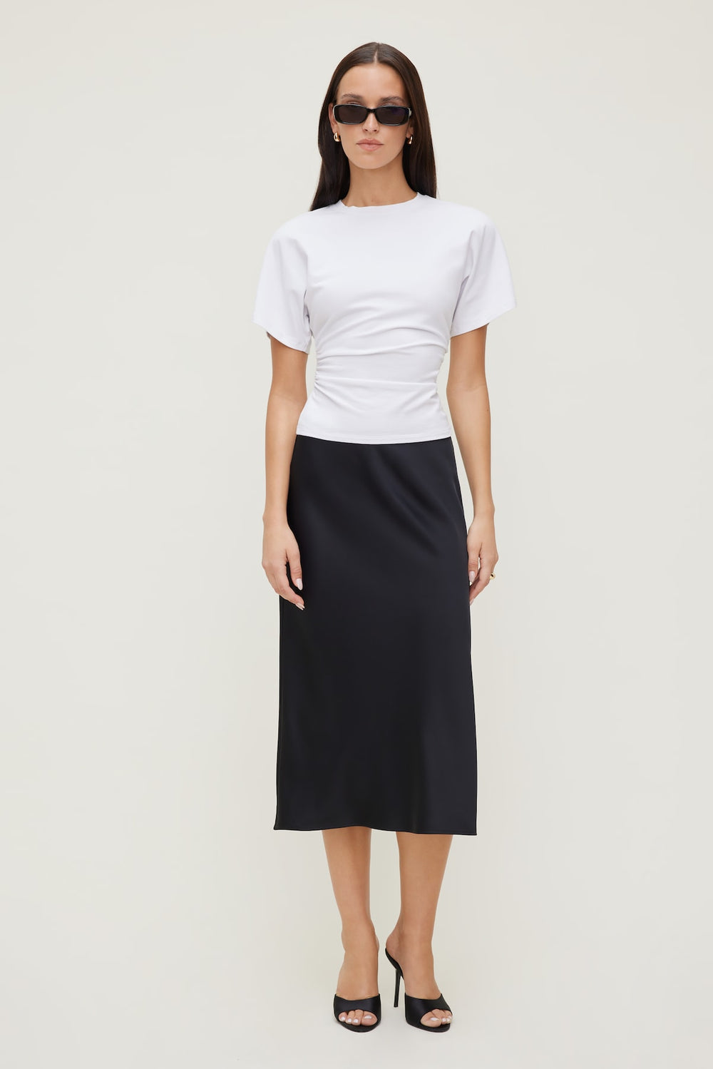 Dynamite US | Andrea Shirred Cotton Spandex T Shirt White