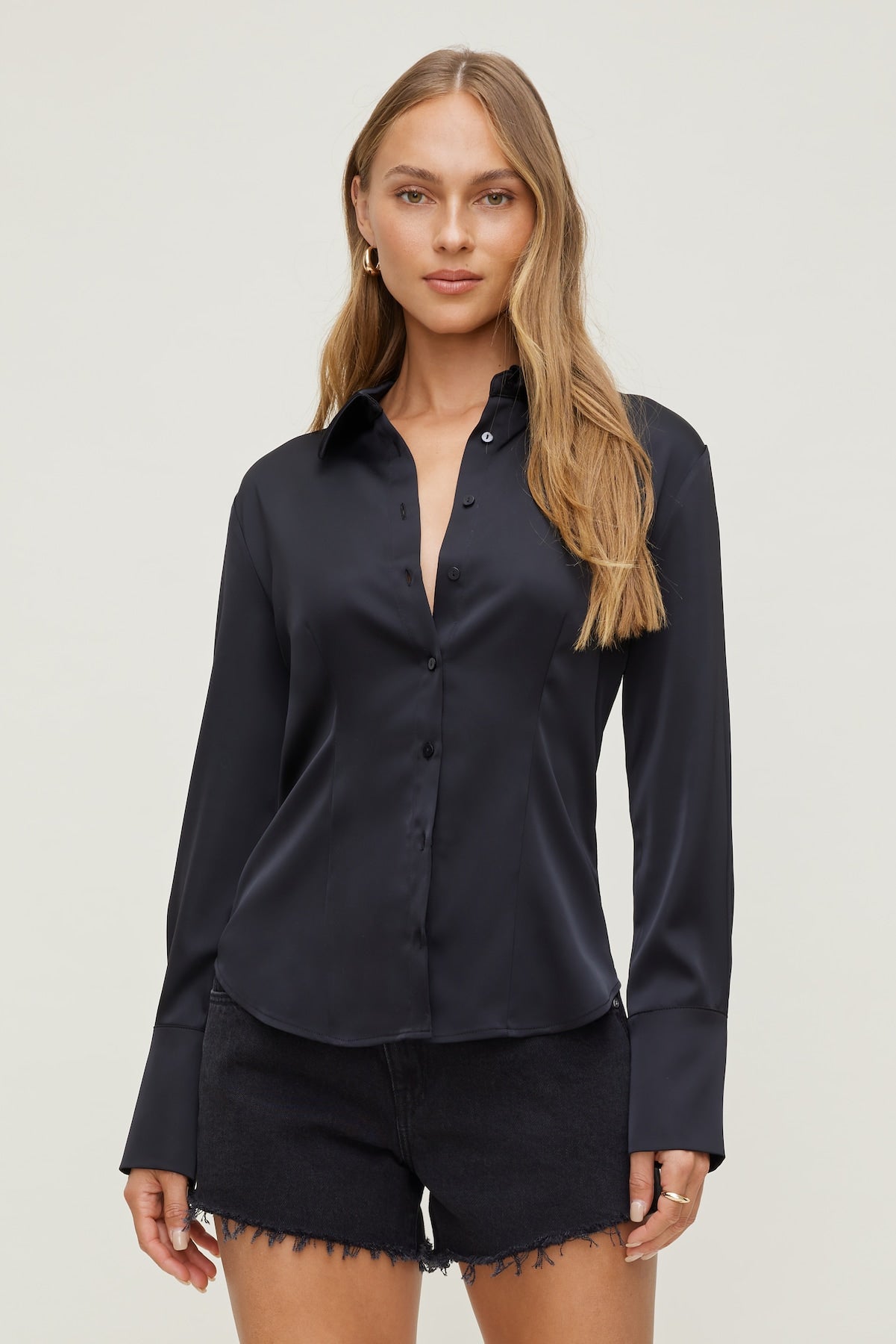 Dynamite Outlet | Eva Cinched Satin Shirt Black