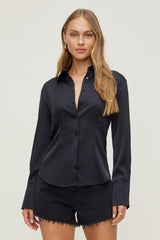 Dynamite Outlet | Eva Cinched Satin Shirt Black