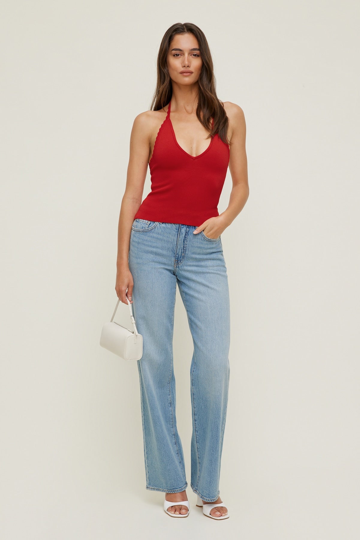 Dynamite Outlets | Scallop Trim Sweater Halter Top RED