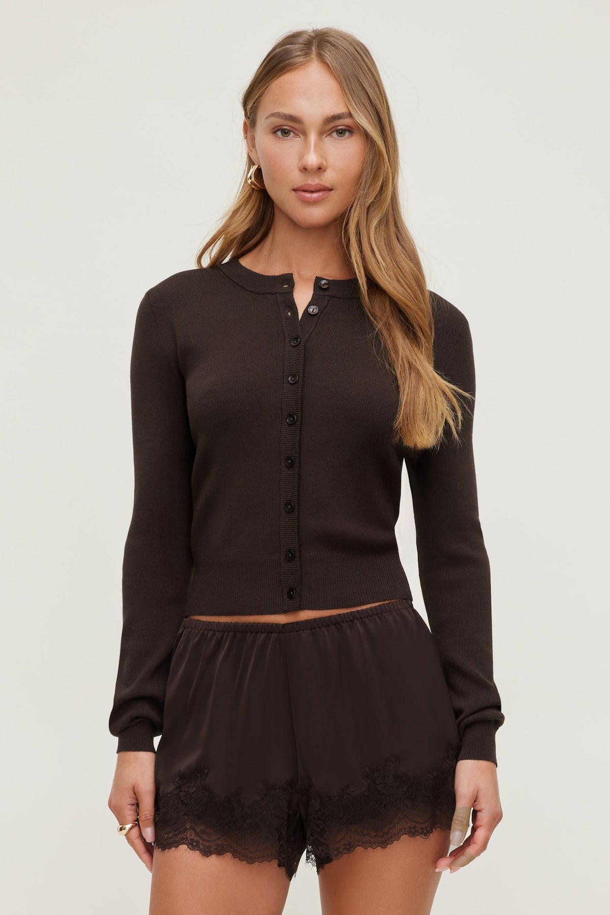 Dynamite Outlets | Rebecca Crewneck Cardigan Brown