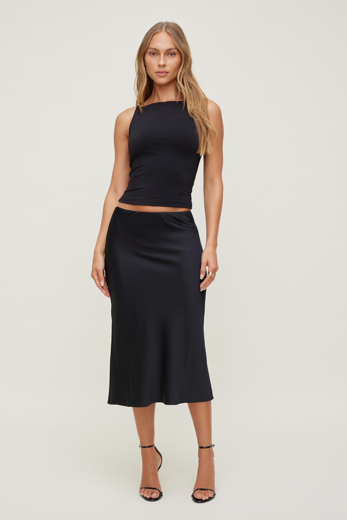 Dynamite Outlets | Delila Satin Midi Skirt Black