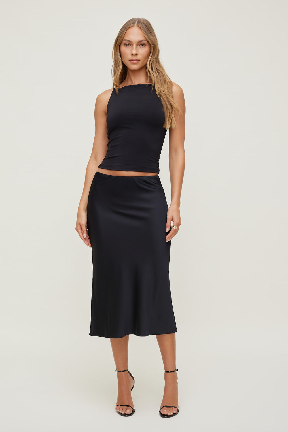 Dynamite Outlets | Delila Satin Midi Skirt Black