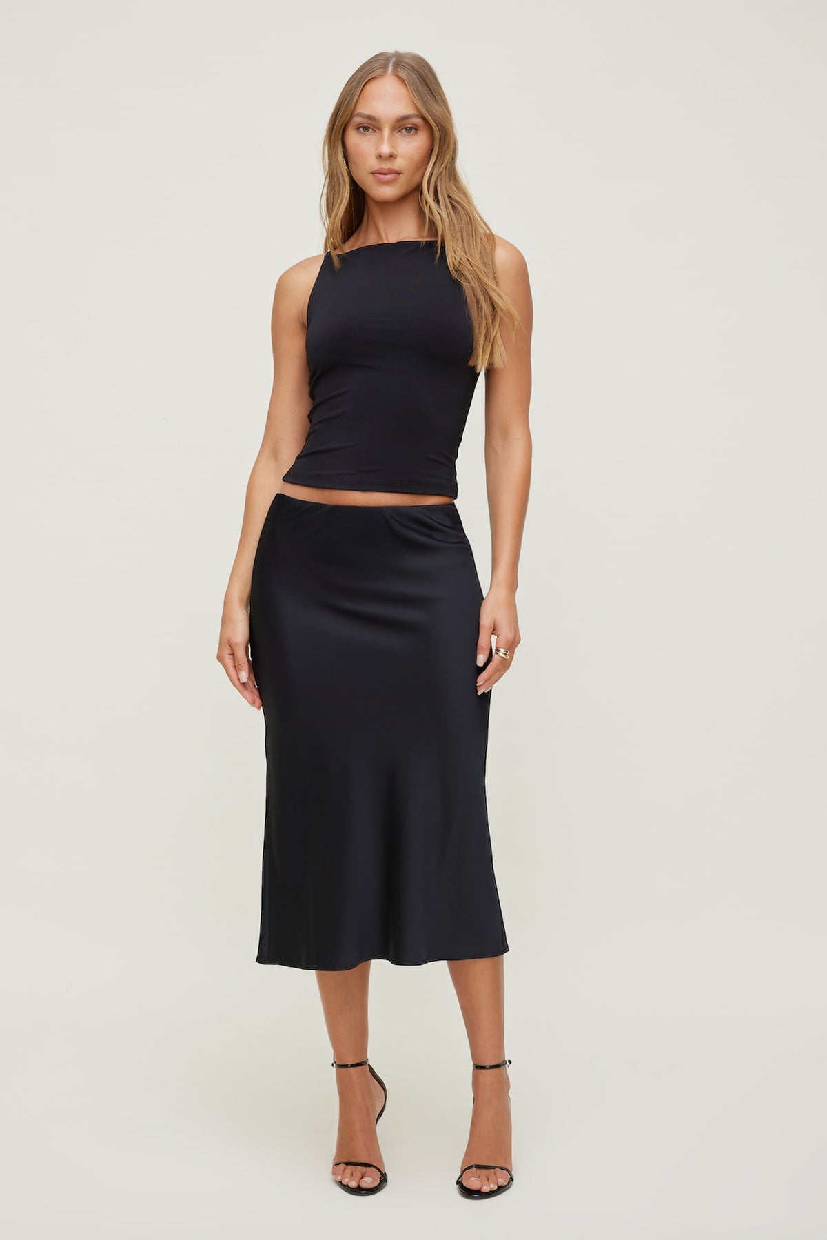 Dynamite Outlets | Delila Satin Midi Skirt Black