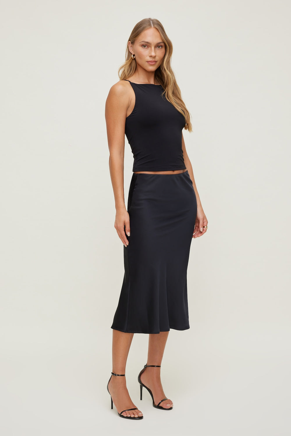 Dynamite Outlets | Delila Satin Midi Skirt Black