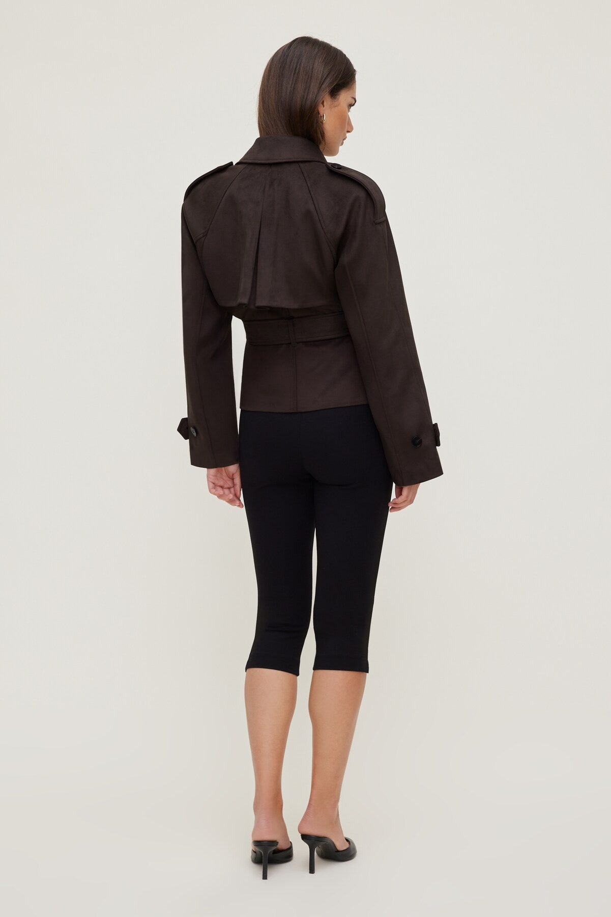 Dynamite Outlet | Cropped Faux Suede Trench Coat Brown