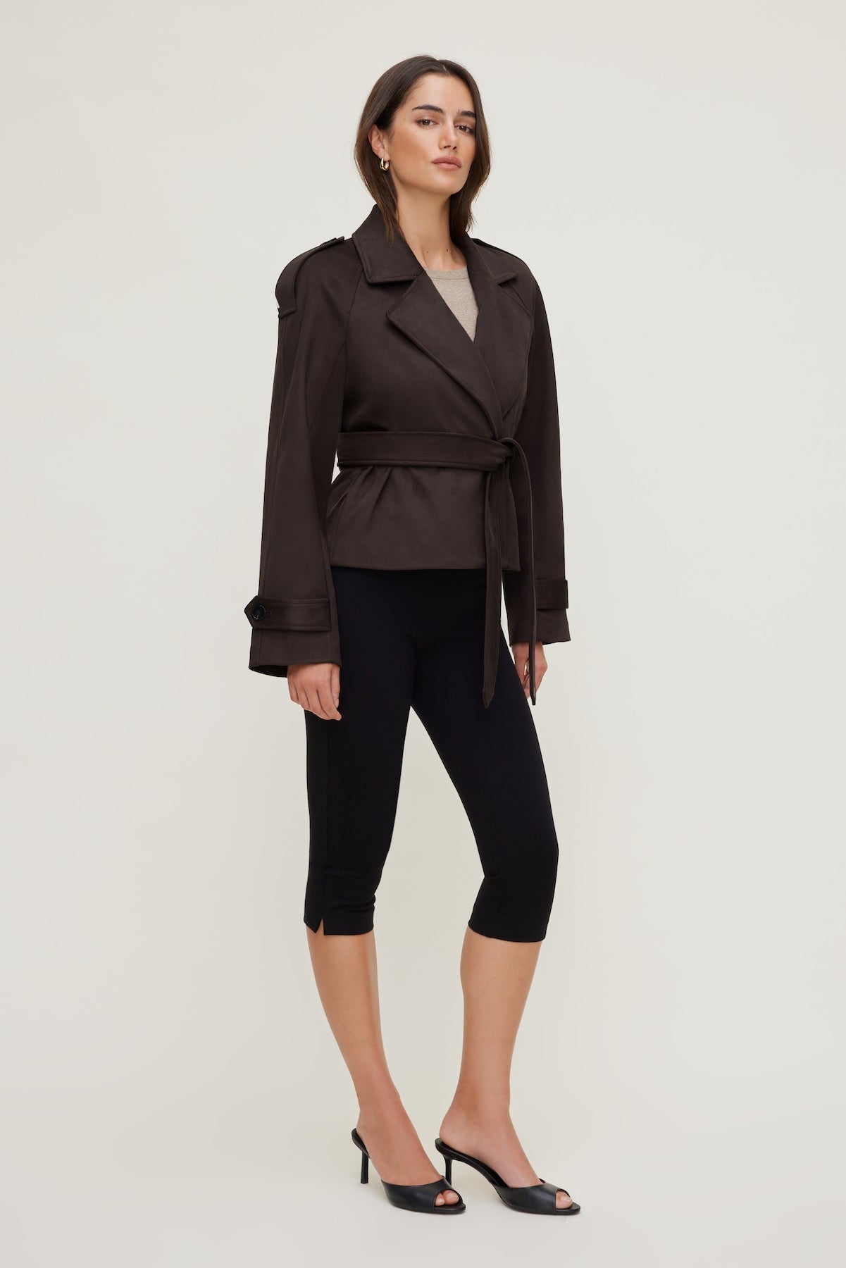Dynamite Outlet | Cropped Faux Suede Trench Coat Brown