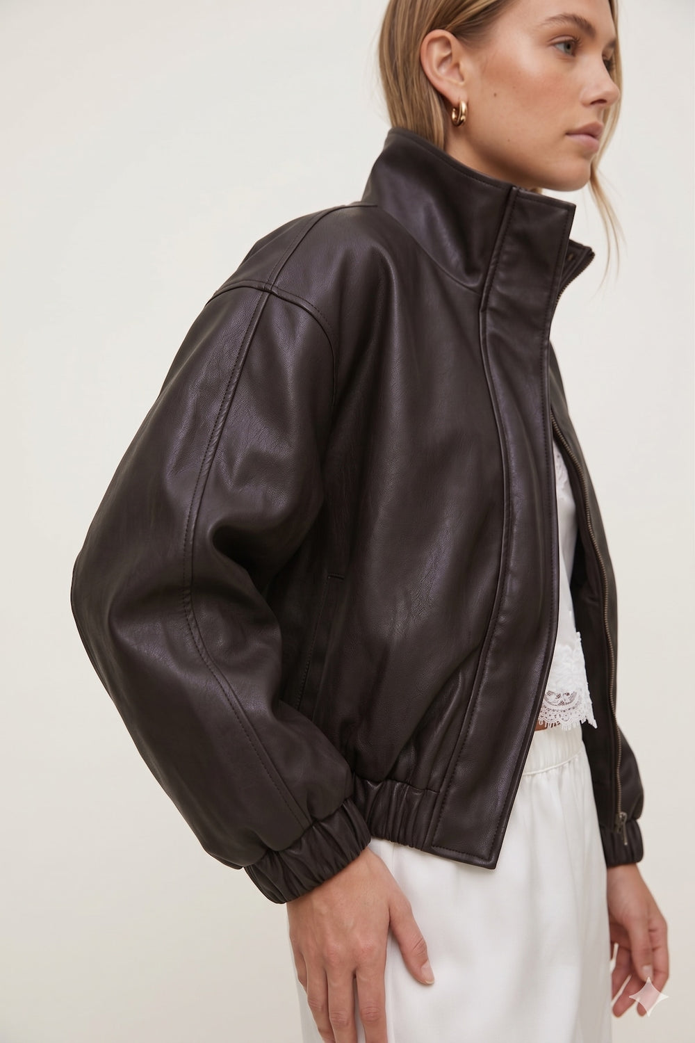 Dynamite US | Oversized Faux Leather Bomber Jacket Brown