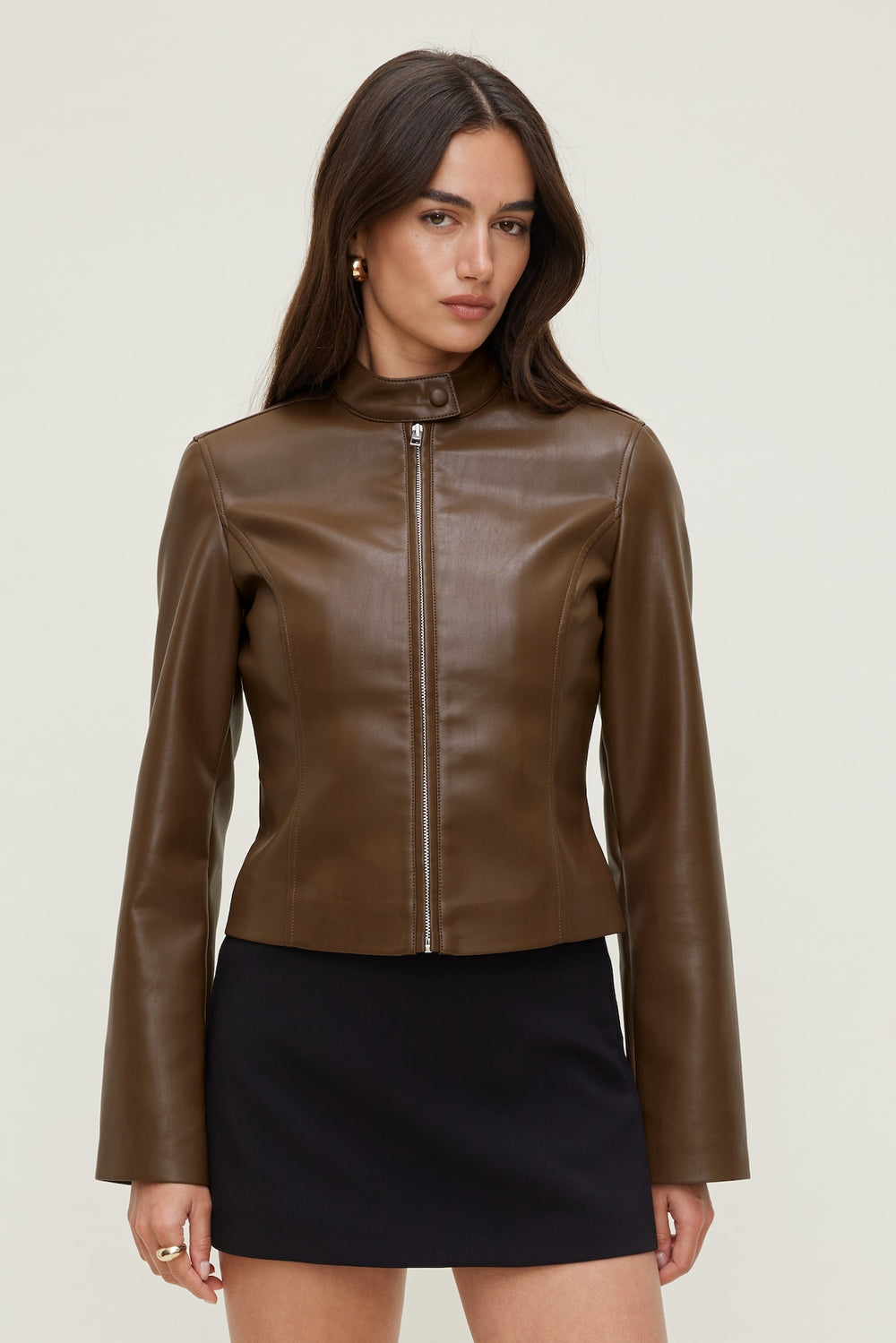 Dynamite Outlet | Slim Fit Faux Leather Moto Jacket Brown