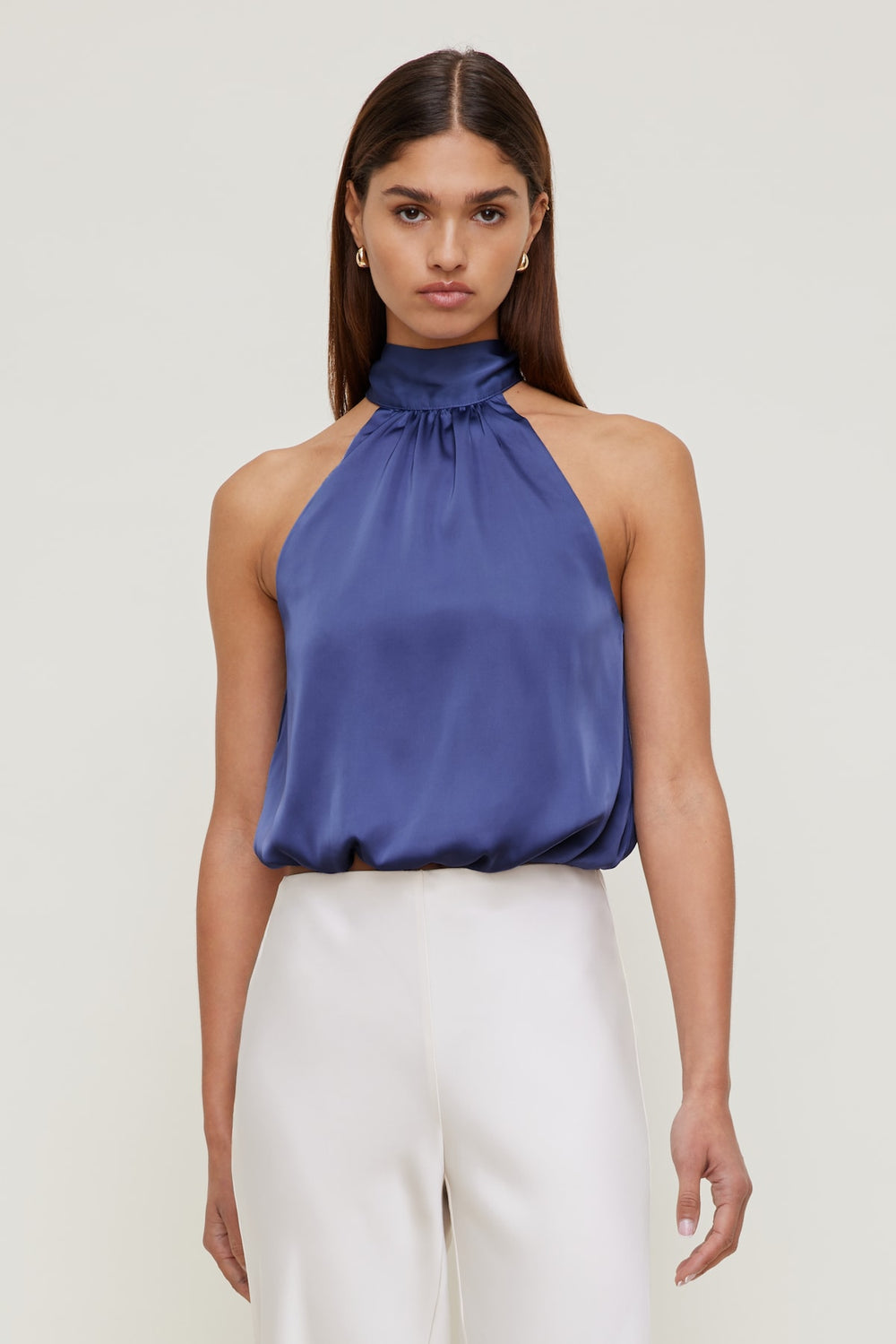 Dynamite Discount | Paloma Bubble Satin Halter Blouse Blue